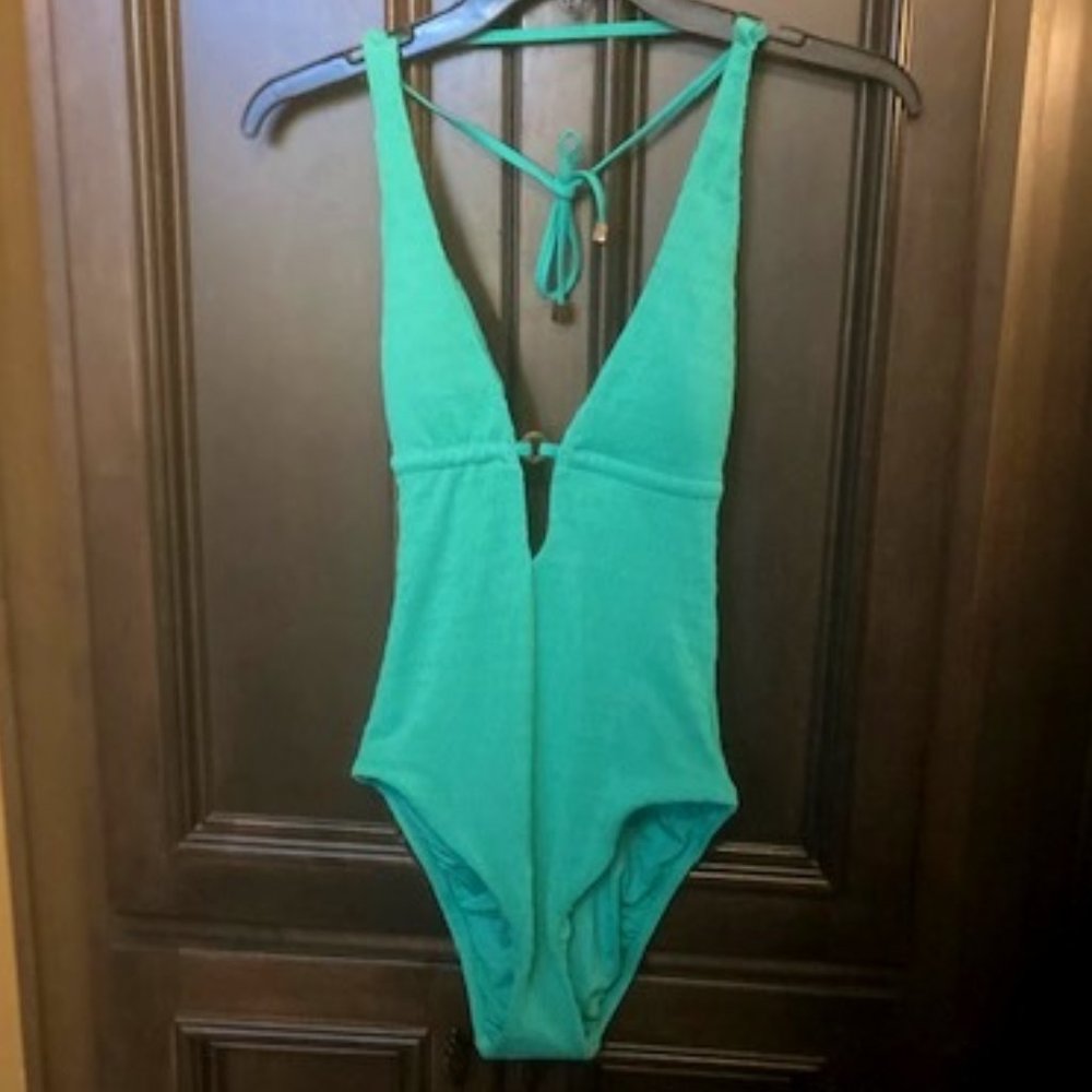 Trina Turk Cabana Solid Plunge One-Piece Lagoon Blue Swimsuit
